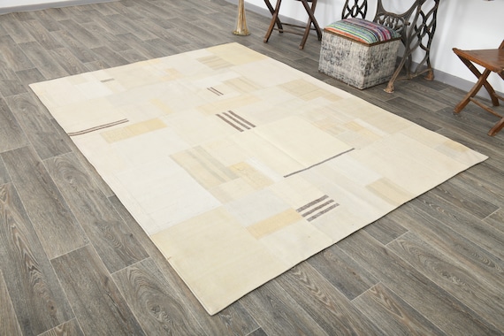 6x8 Chess Kilim Patchwork Rug, 6x8 Kilim Patchwork Rug, 6x8, Wool Handmade Kilim, 6x8 Rug, Cream & Ivory Patchwork Rug, Farmhouse Decor, 60s