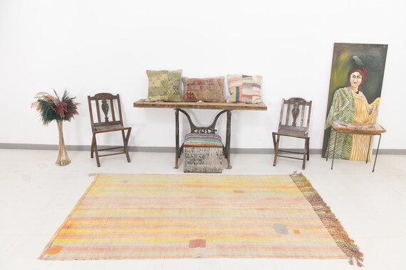 5x7 Rug, 5x7 Hemp Rug, 5x7 COLORFUL SOFT Color HEMP Rug, 5x7 Hemp Rug, Natural Handmade Aesthetic, Patchy Striped Style, 5x7 Rug Hemp, Gifts