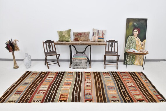 4x11 Kilim Area Rug, 4x11 Brown & Orange Striped Kilim Rug, 4x11, Long Handmade Kilim, 4x11 Rugs, Brown Orange Carpet, Rug For Entrway Decor