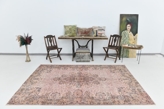 Antique Vintage Turkish Rug 6x9 Rugs, 6x9 Oriental Vintage, 6x9 Pastel Turkish Rug, Handmade Wool Rug Tan Beige & Black Carpet, Antique 57's