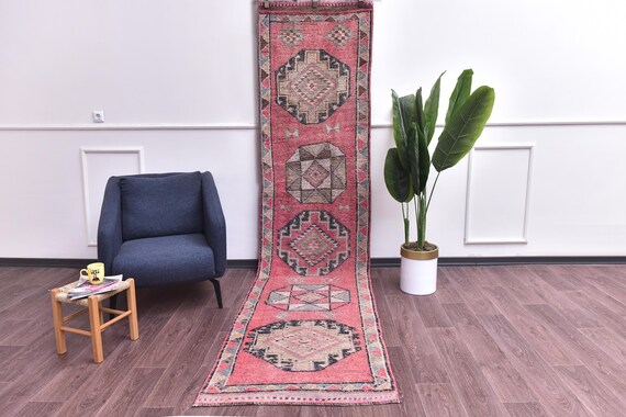 3x12 Vintage Pale Red Turkish Runner Rug, Traditional, Handwoven Wool, Rug For Hallway Red Black