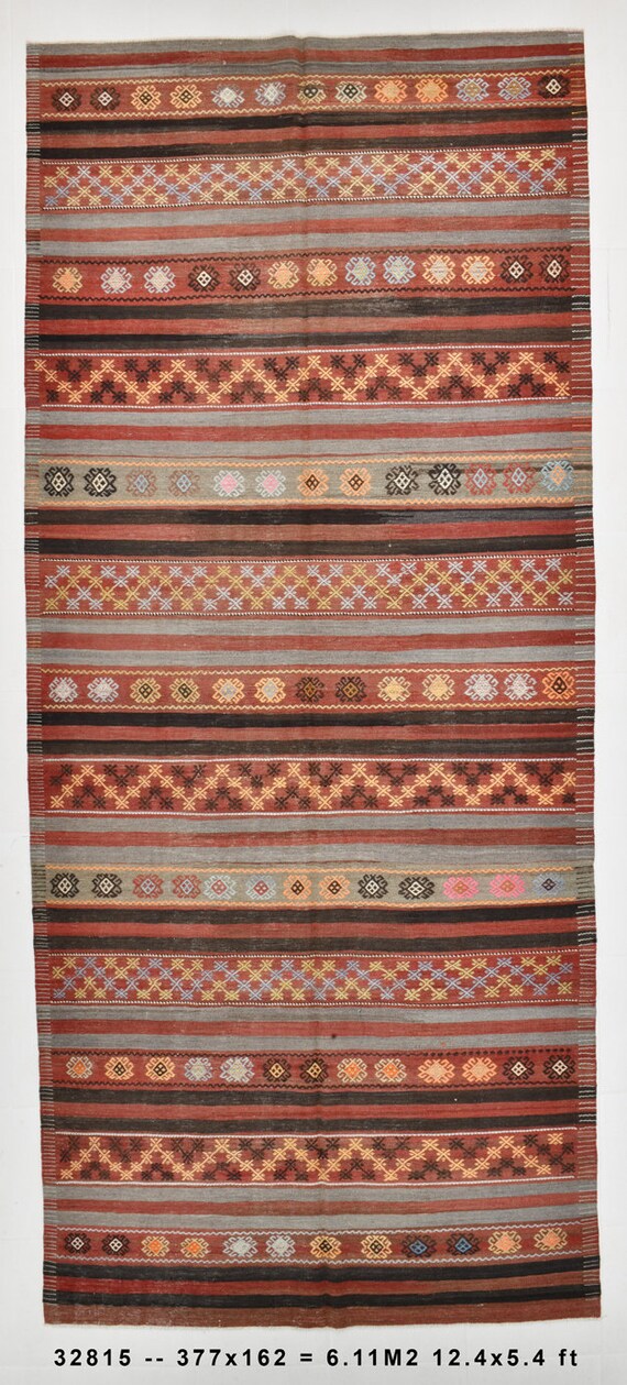 5x12 Area Rug, 5x12 Modernist & Striped Vintage Kilim Rug, 5x12, Shades Of Brown Red Kilims, Wool Handmade Oushak, 5x12 Rug, Rug For Hallway