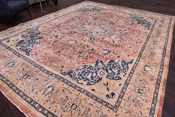 10x13 Antique Persian Area Rug, Peach Beige Color Rug, 10x13 Handmade Luxury Rug, Large Area Rug, 10x13 Rug, Traditional Rug Genuine Rug