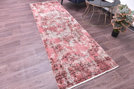 3x9 Vintage Overdyed Turkish Runner Rug, 3x9 Faded Hallway Rug, 3x9 Handmade Runner Rug, Pink Color, Farmhouse Rug, 3x9 Hallway Runner
