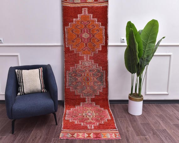 3x9Vintage Bold Handwoven Traditional Wool Runner Rug, Soft, Outlet, Red Color