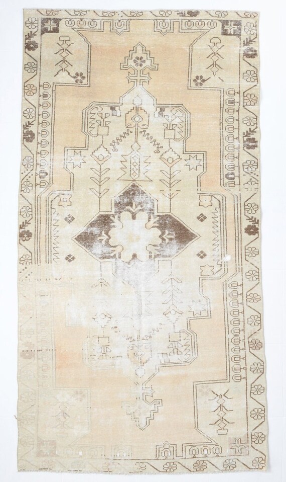 4x8 Area Rug, 4x8 TURKISH TURKEY VINTAGE Rug, 4x8, Distressed Vintage Rug, Wool Handmade Faded Oushak, Madallion Oriental, Vintage Rug, 58s