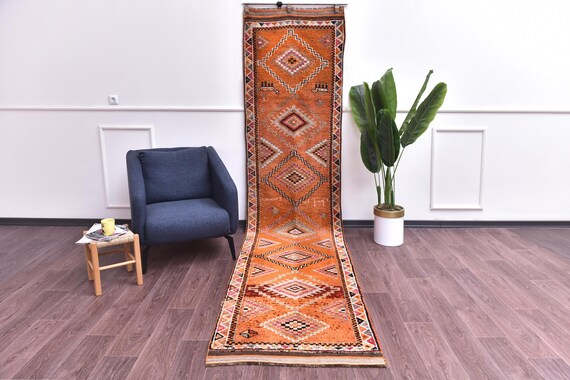 3x12 Vintage Turkish Runner Rug, Traditional, Handwoven Wool, Rug For Hallway, Orange Cream Color