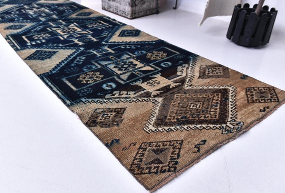 3x10 Vintage One of a Kind Runnner Rug, 3x10 Handmade Wool, 3x10 Geometric Medallion Runner, Blue Brown Color, 3x10 Hallway Runner Rug