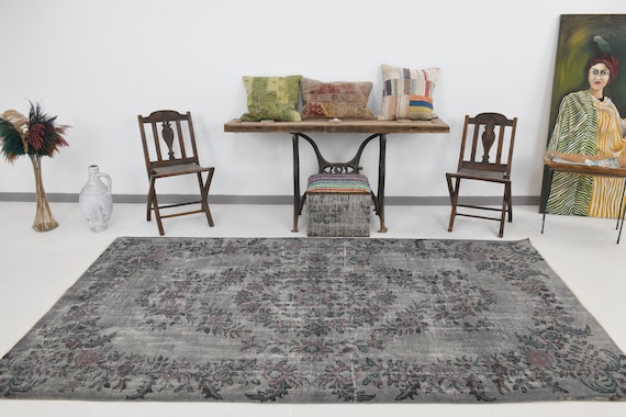 6x10 Vintage Botanical Design Area Rug, 6x10, Handmade Turkey Rug, Gray Purple Rug, 6x10 Large Area Rug, 6x10 Floral Area Rug