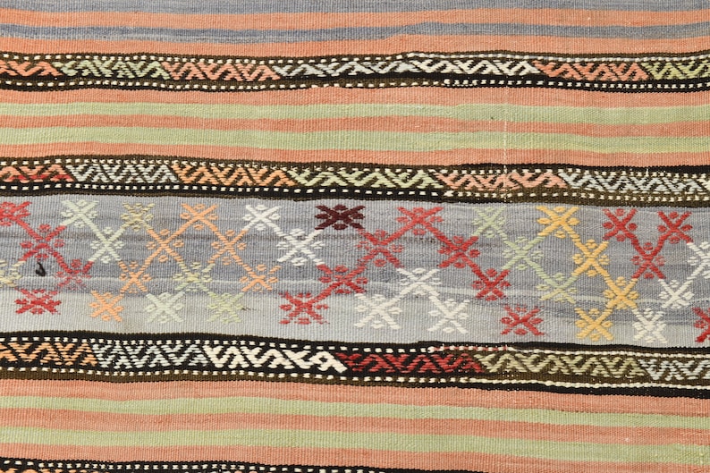 May include: A close-up of a woven rug with a repeating pattern of geometric shapes in shades of red, blue, green, and brown. The rug has a striped design with a central band of intricate patterns.