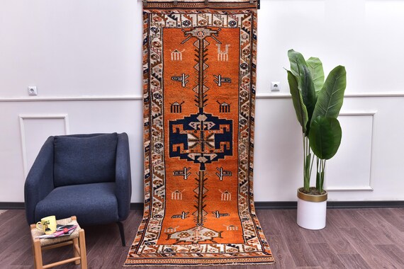 3x9 Handwoven Vintage  Runner Rug, Burnt Orange Navy Blue Color, Hallway Kithcen Runner, Animal Pattern, Soft Wool Anatolian Rug