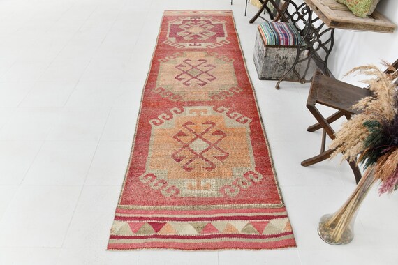3x12 Runner Rug, Vintage Runner 3x12, 3x12 TURKISH VINTAGE RUNNER Rug, 3x12, Wool Handmade Oushak, Vintage Runner 3x12, Red Pink Rug, 60s