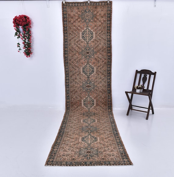 3x13 Antique Persian Heriz Runner, 3x13 Teal Green Brown Persian Runner Rug, 3x13 Rug, Wool Hand-Knotted Rug, 3x13 Rugs, 3x13, Hallway Rug