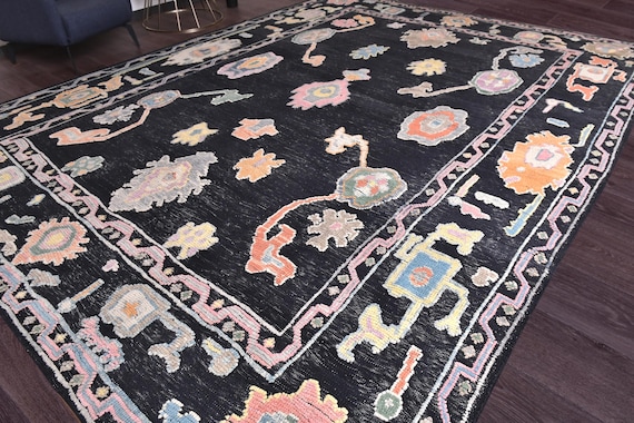 11x14 Vintage Black Oushak Area Rug, 11x14 Wool Jute Rug, 11x14 Large Area Rug, 11x14 Rugs, Turkish Tribal Area Rug, 11x14 Handmade Soft Rug