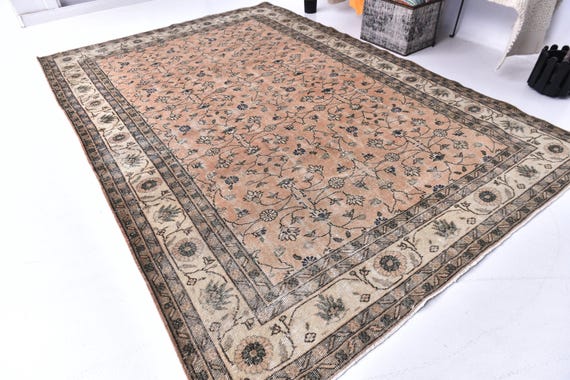 7x10 Vintage Persian Style Area Rug, Coral Pink Floral Pattern, 7x10 Traditional Hand Knotted Rug, 7x10 Living Room Rug, 7x10 Area Rug, Gift