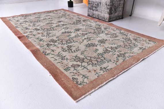 4x7 Vintage Faded Terracotta Accent Rug, 4x7 Distressed Floral Rug, Traditional Home Decor, Terracotta Sage Green Color, Handmade Wool Rug