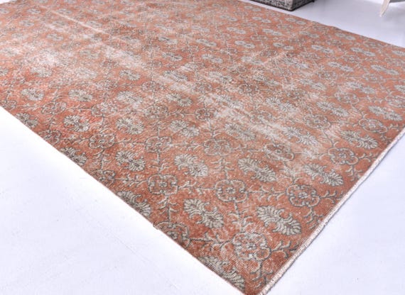7x10 Vintage Turkish Faded  Rug, Terracotta Cream Color, 7x10 Traditional Area Rug, 7x10 Persian Style Rug, Farmhouse Rug, 7x10 Faded Rug