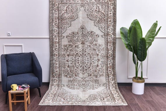 5x9 Vintage Cream Rug, Floral Medallion Design, Handmade, Living Room Rug, Cream Brown Red Color