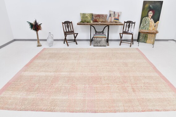 9x11 Area Rug, 9x11 Oversize Turkish & Vintage Modern Rug, 9x11, Oversize Rug, Large Handmade Rug, 9x11 Rug, Pale Pink Vintage Rug, Gift Rug