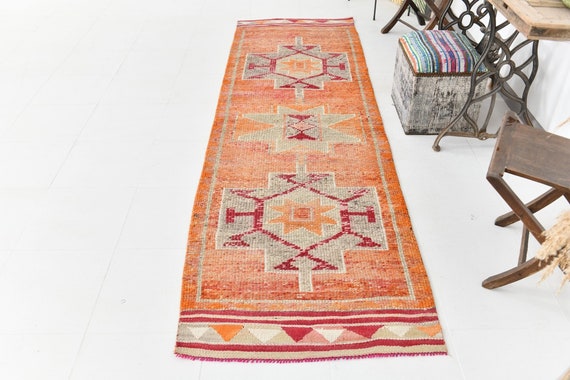 3x10 Runner Rug, 3x10 Oushak Runner, 3x10 VINTAGE OUSHAK RUNNER Rug, 3x10, Oushak Runner, Wool Handmade Herki, Rugs 3x10, Orange & Red Herki