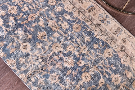 3x6 Vintage Blue Runner Rug, 3x6 Handmade Floral Runner, Blue Gold Color, 3x6 Elegant Runner, 3x6 Hallway Rug, Kithcen Runner Rug, 3x6 Rug