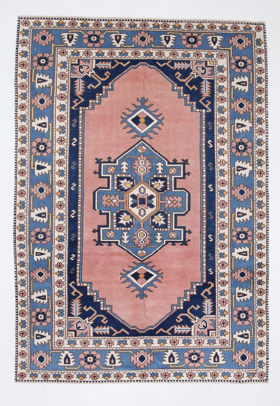 6x9 Area Rug, 6x9 Vintage Rug, 6x9 BLUE & SALMON VINTAGE Rug, 6x9, Wool Handmade Oushak, 6x9 Rugs, Geometric Oriental Style, Rug For Office