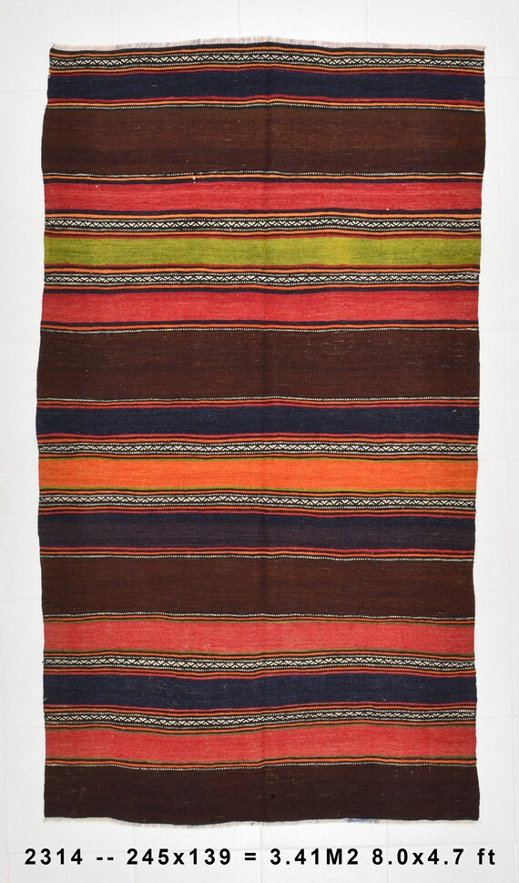 4x8 Area Rug, 4x8 Earthly Maximalist Vintage Kilim Rug, 4x8, Classic Striped Style Kilim, Wool Handmade Oushak, Country Farmhouse Decor, 60s