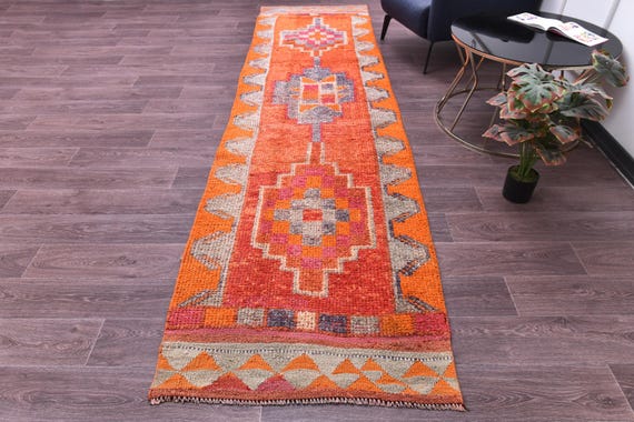 3x11 Vintage Runner Rug, Red Orange Cream brightly Color