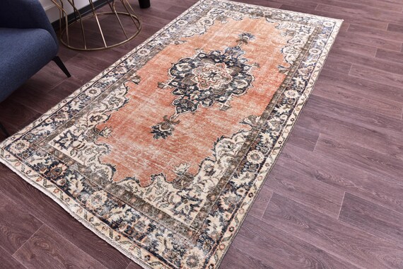 5x8 Vintage Faded Accent Rug, Peach Blue Color, 5x8 Handmade Wool Rug, Living Room Bedroom Rug, 5x8 Antique Medallion Rug, Authentic Tribal