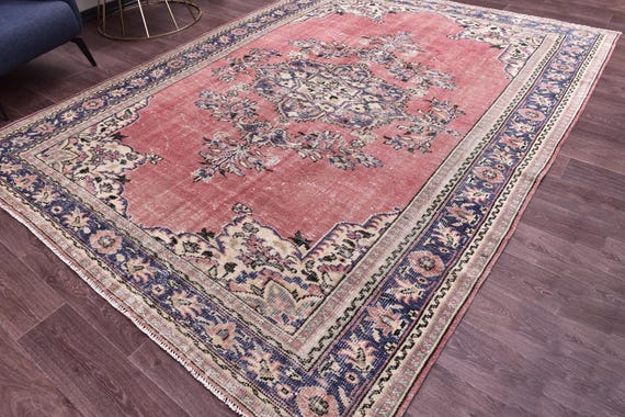 7x10 Oversize Vintage Rug, Pink Blue Color, 7x10 Handmade Wool Rug, 7x10 Living Room Dining Room Rug, 7x10 Area Rug, 7x10 Shabby Chic Rug