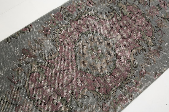3x9 Runner Rug, 3x9 Gray & Burgundy Vintage Runner Rug, 3x9 Vintage Runner, Oushak Handmade Rug, Oriental Floral Style, Antique 60s, Hallway