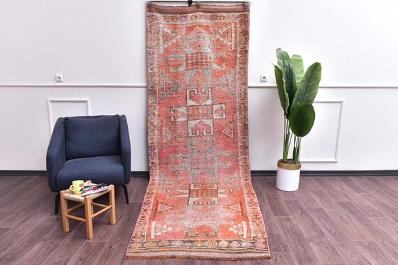 3x11 Vintage Coral Wool Runner Rug, Handmade Soft Wool, Traditional Design, Farmhouse Decor, Terracotta, Coral Cream Color