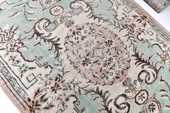 5x9 Vintage Mint Green Faded Rug, Handmade Area Rug, Green White Pink Color, 5x9 Living Room Bedroom Rug, 5x9 Area Rug, Floral Rug, 5x9 Rug
