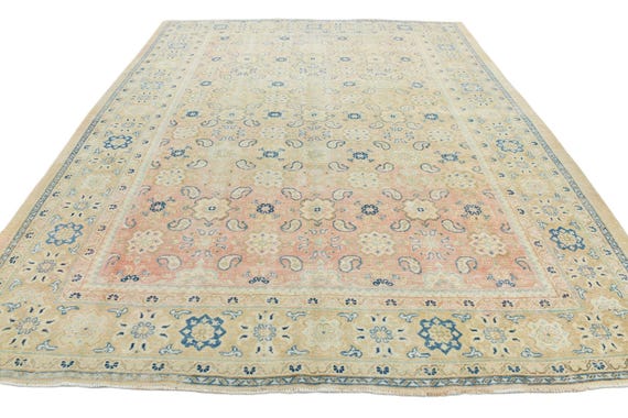 10x12 Antique Persian Faded Area Rug, 10x12 Tan Beige Blue, Oversize Persian Rug, Large Area Rug, 10x12 Rug, 10x12  Rugs For Living Room