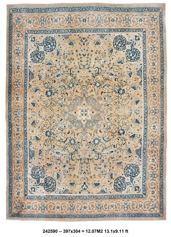 9x13 Vintage Persian Area Rug, 9x13 Elegant Luxury Rug, Traditional Oriental Rug, 9x13 Area Rug, Cream and Blue Color Rug, 9x13 Rug