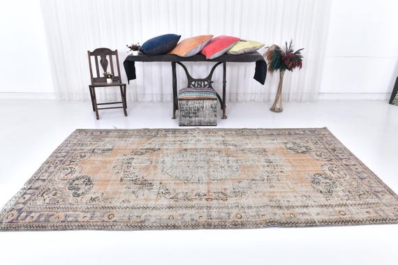 Antique Vintage Turkish Rug, 6x9 Rug Hand-Maded Soft Wool Rug, Rug Shabby Chic Rug Beige Orange Brown Carpet, Eclectic Bohemian-Decor Rugs,
