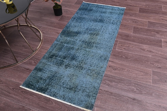 2x5 Vintage Faded Soft Blue Runner Rug, Handmade Wool Jute, Traditional Design, Hallway Rug,