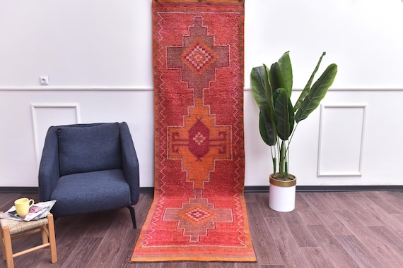 3x10 Vintage Tribal Runner Rug, Coral Red Orange Color, Handmade Soft Wool Rug, Hallway Runner Rug