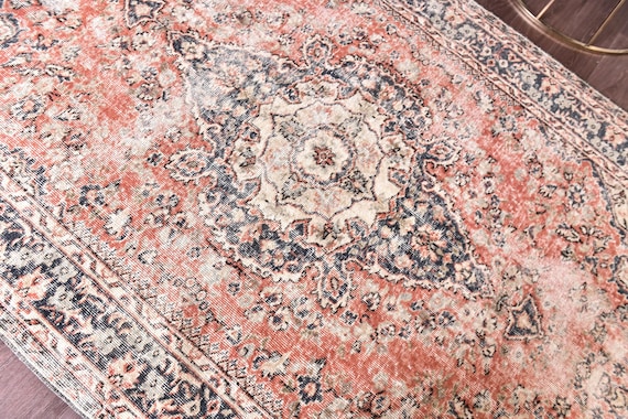 5x9 Antique Faded Turkish Rug, 5x9 Handamde Wool Rug, Medallion Design, 5x9 Red Blue Color, 5x9 Vintage Decor, 5x9 Living Room Bedroom Rug