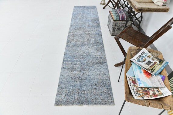 2x10 Rug, 2x10 Turkish Runner, 2x10 VINTAGE TURKISH RUNNER Rug, 2x10, Oushak Handmade Rug, Runner Rug 2x10, Shades Of Faded Blue, Anatolian