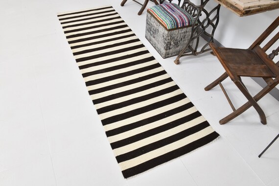 2x8 Striped Kiilim Runner Rug, 2x8 Naturel Wool Rug, Handmade Area Rug, 2x8 Hallway Rug, Neutral Runner Rug