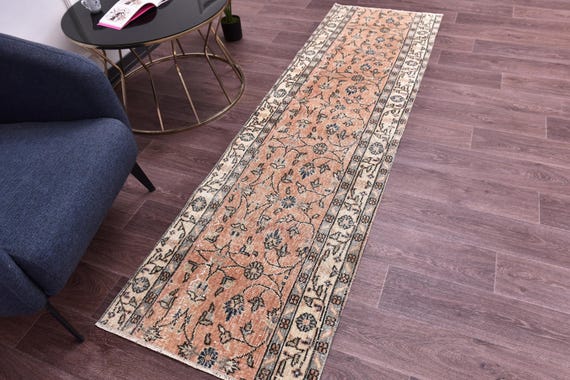 2x9 Vintage Salmon Runner Rug, Handmade Wool Rug, 2x9 Salmon Green Cream Color 2x9 Floral Hallway Rug 2x9 Kithcen Runner Rug Farmhouse Style