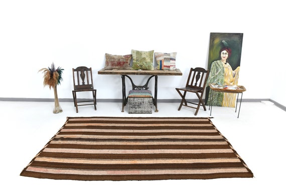 5x9 Rug, 5x9 Striped Kilim, 5x9 Turkish Vintage Kilim Rug, Handmade Wool Rug, 5x9 Area Rug, Brown & Beige Tones Kilim, Kilim Rug 5x9, Rugged