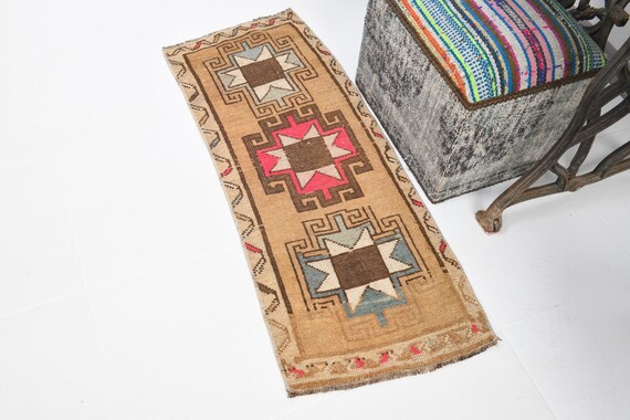 1x4 Area Rug, 1x4 Turkish Doormat, 1x4 TURKISH VINTAGE DOORMAT Rug, 1x4, Doormat Rug 1x4, Wool Handmade Oushak, Shades Of Tan & Beige, Gift