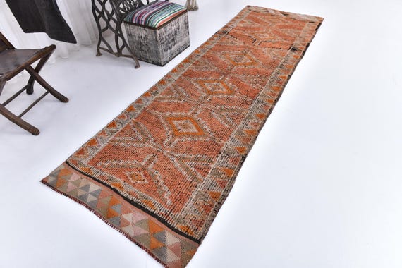 3x10 Copper Long Narrow Vintage Runner Rug, 3x10 Vintage Runner rug, Handmade Wool vintage Rug,Pink & Brown Rug Antique moroccan Runner 3x10