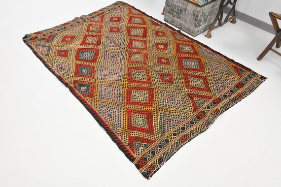 4x6 Vintage Kilim Area Rug, Turkish Kilim Rug, 4x6 Area Rug, Handmade Oushak Rug, 4x6, Yellow And Red Kilim, Farmhouse Tapis Rug