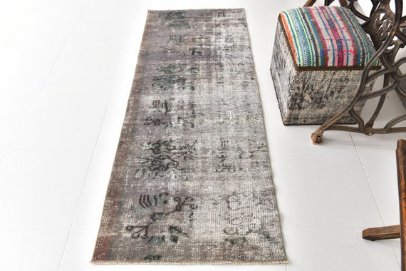 2x6 Brown & Gray Vintage Runner Rug, 2x6 Vintage Runner, 2x6 Rugs, Oushak Handmade Rug, 2x6 Runners, Floral Rustic Style, Rug For Kitchen