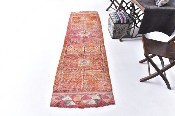 2x10 VINTAGE TURKISH RUNNER Rug - 2x10 Turkish Runner -  Aesthetic Handmade Wool Rug -  Shades Of Red & Orange Rug- Rug For Kitchen - Gifts