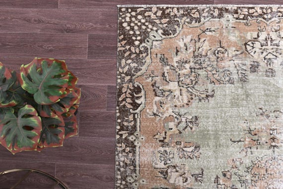 6x9 Vintage Faded Rug, Cream Taupe Color, 6x9 Area Rug, Farmhouse Decor, Botanical Design Rug, 6x9 Rug, Dining Area Rug