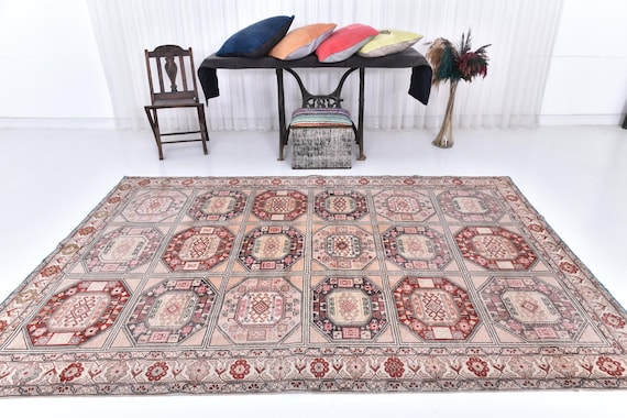 6x9 Rugs, 6x9 Vintage Rug, 6x9 Pale Red & Pink Vintage Rug, 6x9, Oushak Handmade Rug, 6x9 Rugs, Floral Classic Style, Pink Red Vintage, 58s